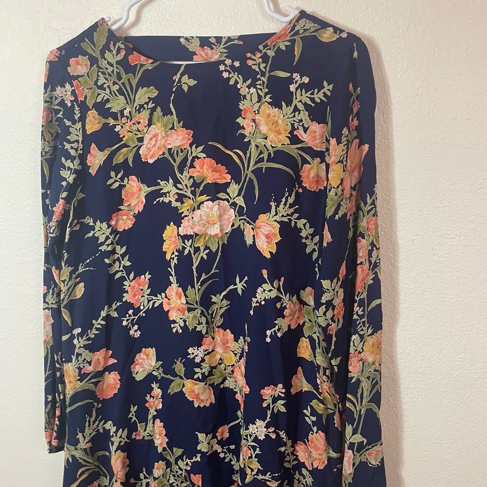 Uncle Frank Anthropologie Floral Long Sleeve V‎ Back Dress size M Navy Pink USA - Picture 4 of 9